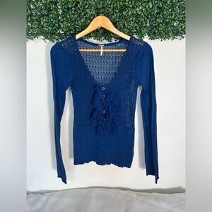 Free People Ruffle Front Crochet Henley Blue Sweater Size Medium